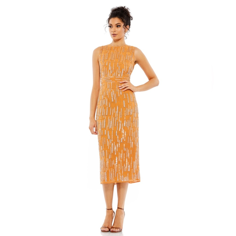 Mac Duggal Abstract Beaded Sleeveless‎ Midi Sheath Dress
